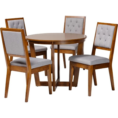 Kala 5 Piece Dining Set in Tufted Grey Fabric & Walnut Brown Wood