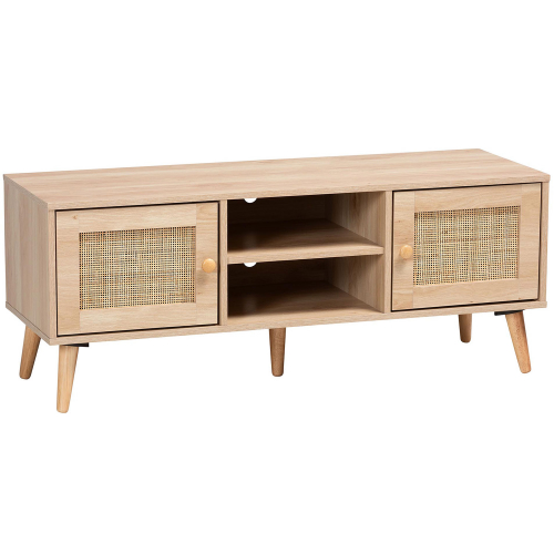 Sebille 2 Door 47" TV Stand in Light Brown Wood & Natural Rattan