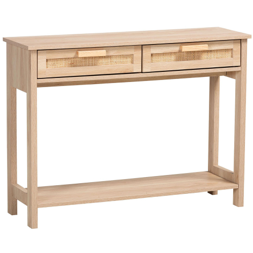 Sebille 2 Drawer Console Table in Light Brown Wood & Natural Rattan