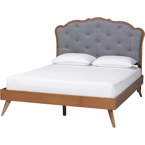 Aithan Queen Platform Bed in Ash Walnut Finish & Tufted Grey Fabric
