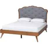 Aithan Queen Platform Bed in Ash Walnut Finish & Tufted Grey Fabric