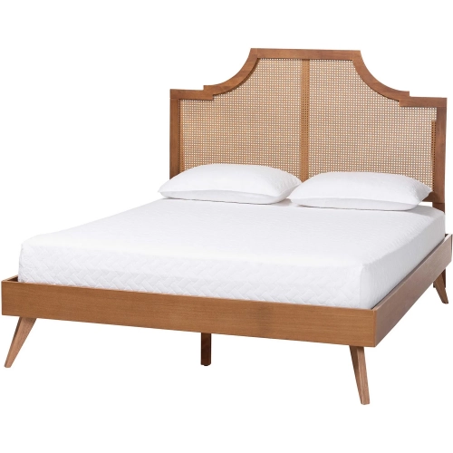 Rodolfo Queen Platform Bed w/ Rattan Headboard in Ash Walnut Finish Wood