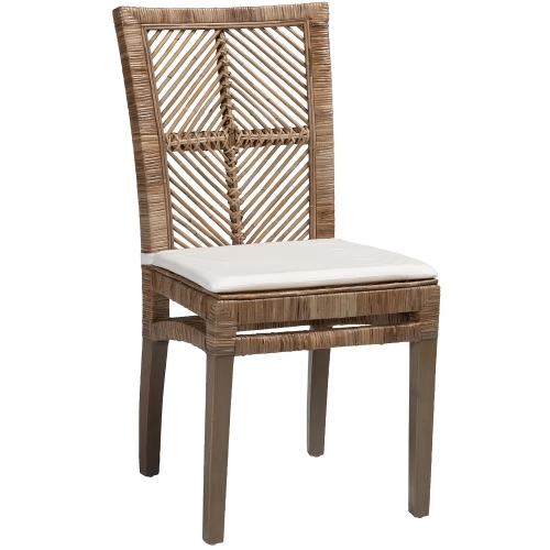 Laluna Dining Chair in Grey Wash Rattan, Mahogany & White Fabric