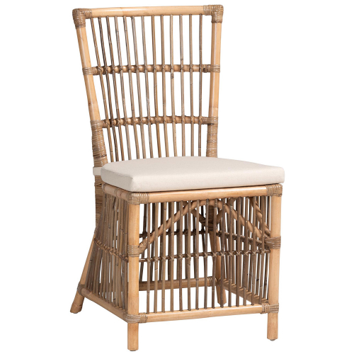 Kim Dining Chair in White Fabric & Natural Brown Rattan (Set of 2)