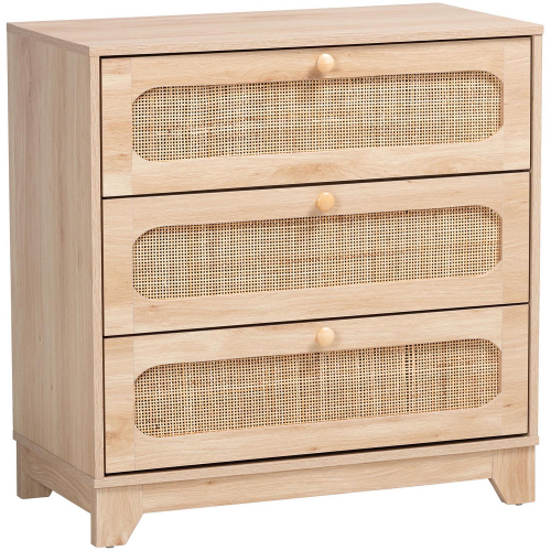 Elsbeth 3 Drawer Storage Cabinet in Oak Brown Finish Wood & Natural Rattan