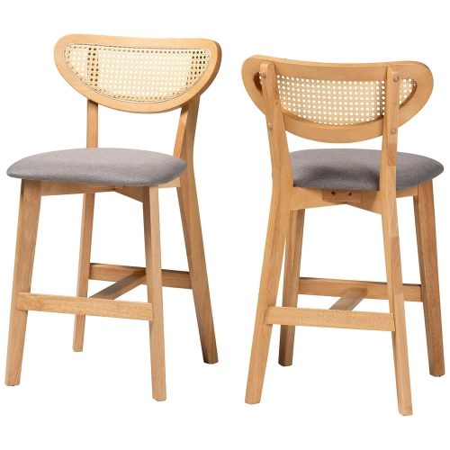 Dannell Counter Stool in Grey Fabric, Oak Finish Wood & Rattan (Set of 2)