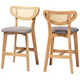 Dannell Counter Stool in Grey Fabric, Oak Finish Wood & Rattan (Set of 2)