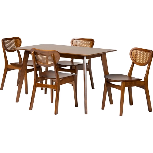 Kristy 5 Piece Dining Set in Walnut Brown Finish Wood & PE Rattan