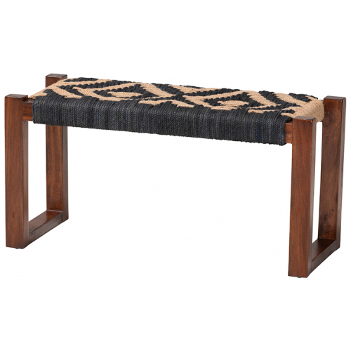 Prunella Bench in Two Tone Navy Blue & Natural Brown Seagrass & Acacia Wood