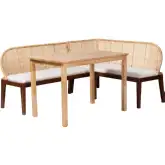 Okinawa 3 Piece L Shape Dining Nook Set in Wood, Rattan & White Fabric