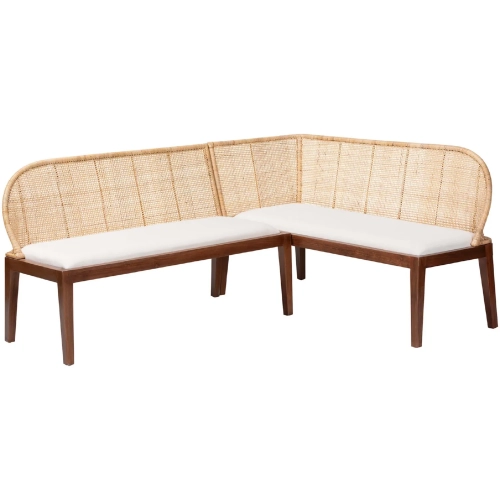 Okinawa 2 Piece L Shape Dining Nook Corner Bench Set in Wood, Rattan & White Fabric
