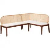Okinawa 2 Piece L Shape Dining Nook Corner Bench Set in Wood, Rattan & White Fabric