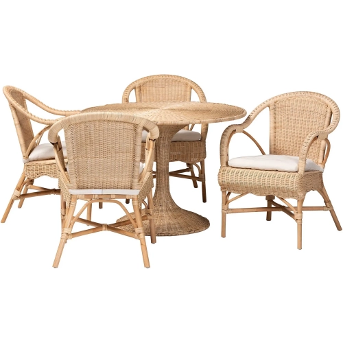 Liam 5 Piece Dining Set in Hand Woven Rattan & Fabric
