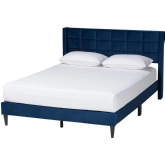 Payne Queen Bed in Tufted Navy Blue Velvet & Dark Wood