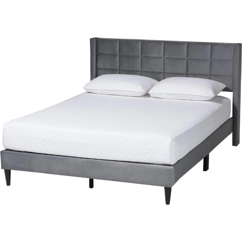 Payne Queen Bed in Tufted Grey Velvet & Dark Wood