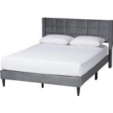 Payne Queen Bed in Tufted Grey Velvet & Dark Wood
