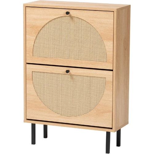 Remus Shoe Cabinet with 2 Flip Doors in Oak Finish, Rattan & Black