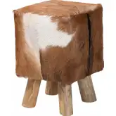 Scotlyn Ottoman in Brown Goat Leather & Teak Wood