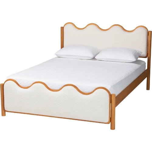 Lilia Scalloped Queen Platform Bed in Cream Boucle & Oak Brown Wood
