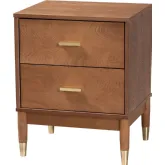 Mandolin 2 Drawer Nightstand in Ash Walnut Finish Wood & Gold