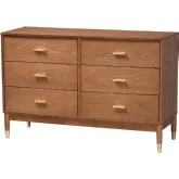 Mandolin 6 Drawer Dresser in Ash Walnut Finish Wood & Gold