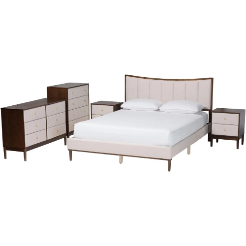 Nikolai 5 Piece Queen Bedroom Set in Channel Tufted Beige Fabric & Wenge Wood
