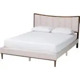 Nikolai Queen Bed in Channel Tufted Beige Fabric & Wenge Brown Wood