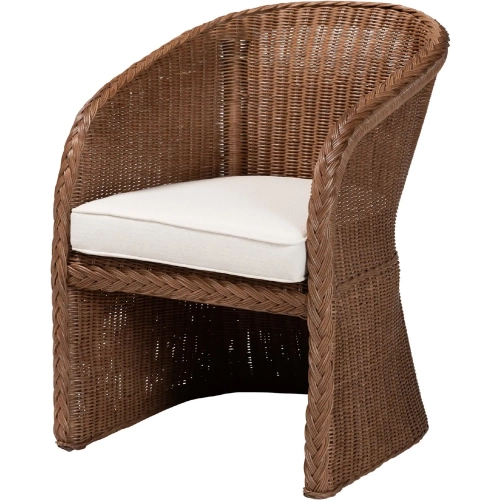 Memphis Accent Arm Chair in Peanut Brown Braided Rattan & White Fabric