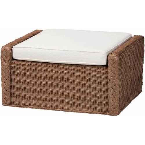 Derris Ottoman in Peanut Brown Braided Rattan & White Fabric