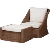 Derris 2 Piece Arm Chair & Ottoman Set in Brown Braided Rattan & White Fabric