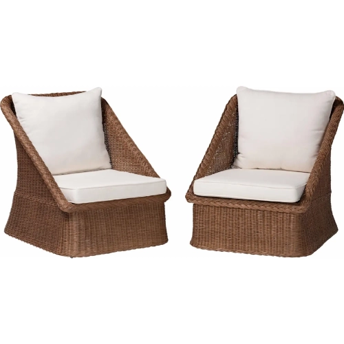 Derris 2 Piece Arm Chair Set in Peanut Brown Braided Rattan & White Fabric