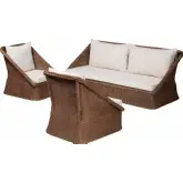 Derris 3 Piece Sofa Set in Peanut Brown Braided Rattan & White Fabric
