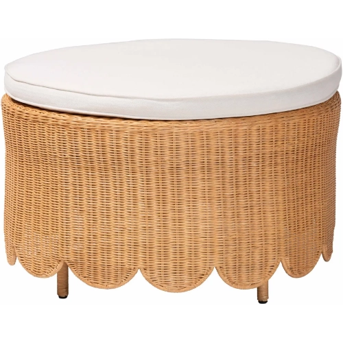 Teresa Ottoman in Light Honey Scalloped Rattan & White Fabric