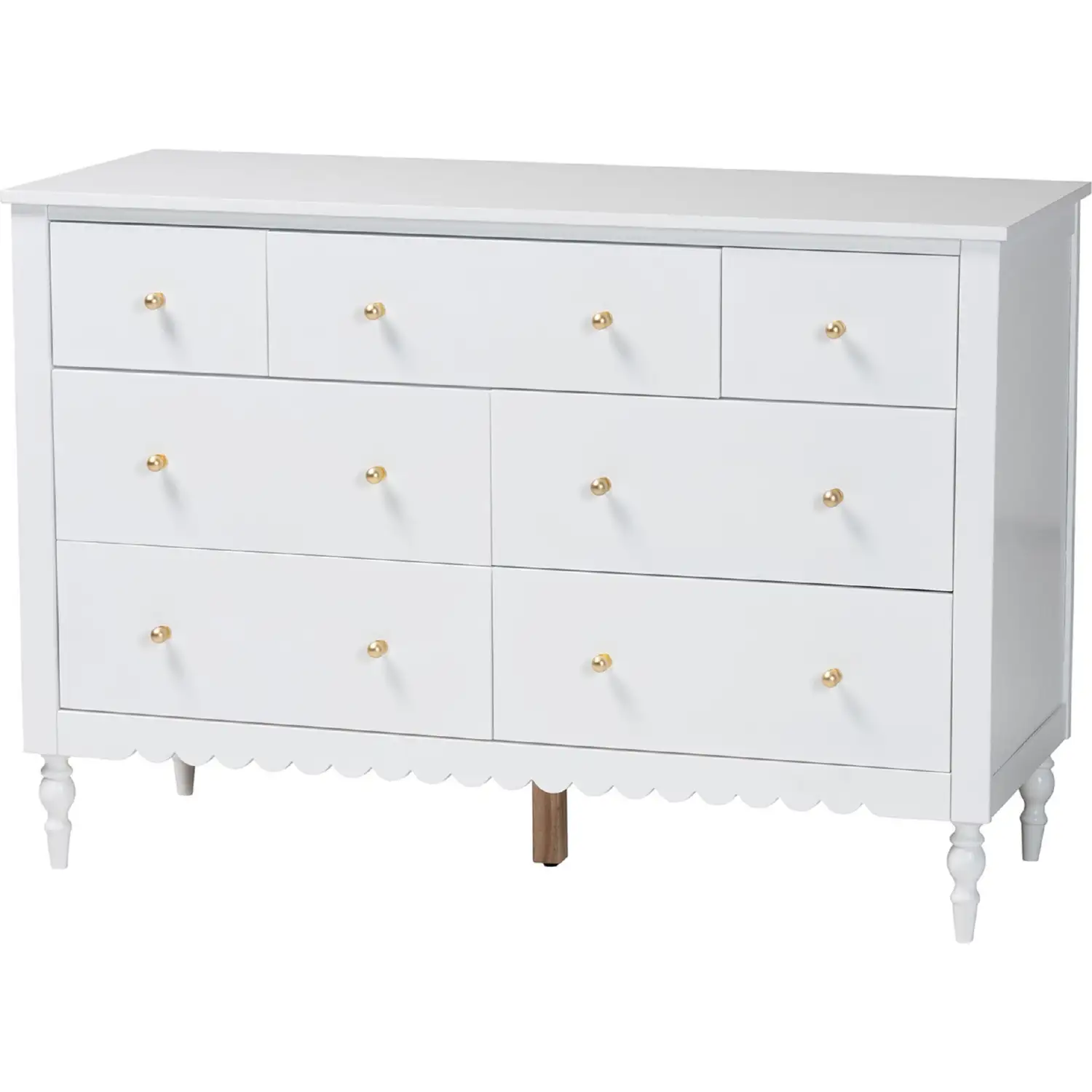 Baxton Studio Roni White Wood 7-Drawer Dresser with Scalloped Edges