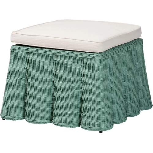 Palm Scallop Ottoman in Seafoam Green Rattan & White Fabric