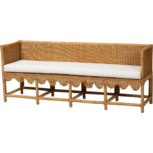 Seranay Scallop Long Dining Bench in Light Honey Rattan & Fabric