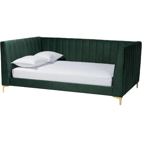 Oksana Full Daybed in Channel Tufted Emerald Green Velvet & Gold Metal