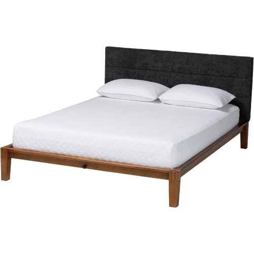 Mariette Queen Bed in Dark Grey Teddy Fabric & Walnut Brown Wood