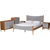 Taylin 5 Piece Queen Bedroom Set in Grey Corduroy Fabric & Oak Finish Wood