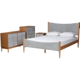 Taylin 4 Piece Queen Bedroom Set in Grey Corduroy Fabric & Oak Finish Wood