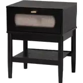 Shirin 1 Drawer Nightstand in Black Wood & Beige Fabric