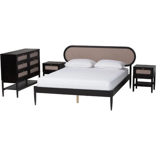 Shirin Queen 4 Piece Bedroom Set in Black Wood & Beige Fabric