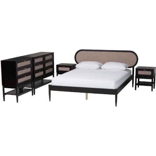 Shirin Queen 5 Piece Bedroom Set in Black Wood & Beige Fabric