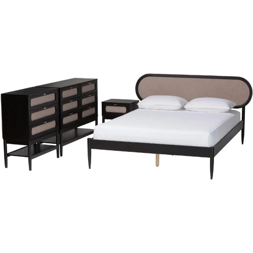 Shirin Queen 4 Piece Bedroom Set in Black Wood & Beige Fabric
