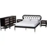 Florica Queen 5 Piece Bedroom Set in Black Wood & Beige Fabric