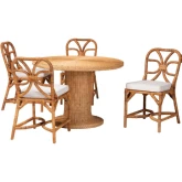 Wilmer 5 Piece Round Dining Set in Handwoven Rattan & Neutral Fabric