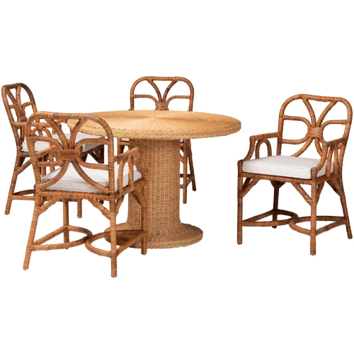 Wade 5 Piece Round Dining Set in Handwoven Rattan & Neutral Fabric