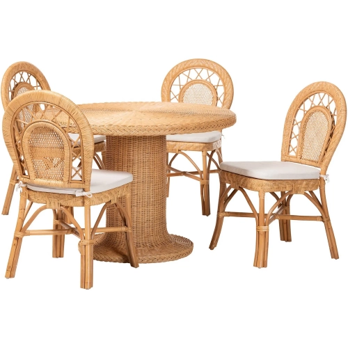 Walker 5 Piece Pedestal Dining Set in Natural Rattan & Neutral Fabric