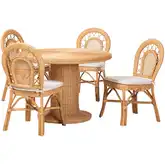 Walker 5 Piece Pedestal Dining Set in Natural Rattan & Neutral Fabric