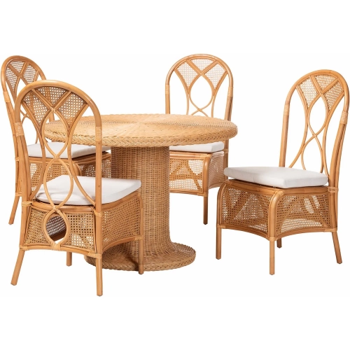 Wallis 5 Piece Pedestal Dining Set in Natural Rattan & Neutral Fabric